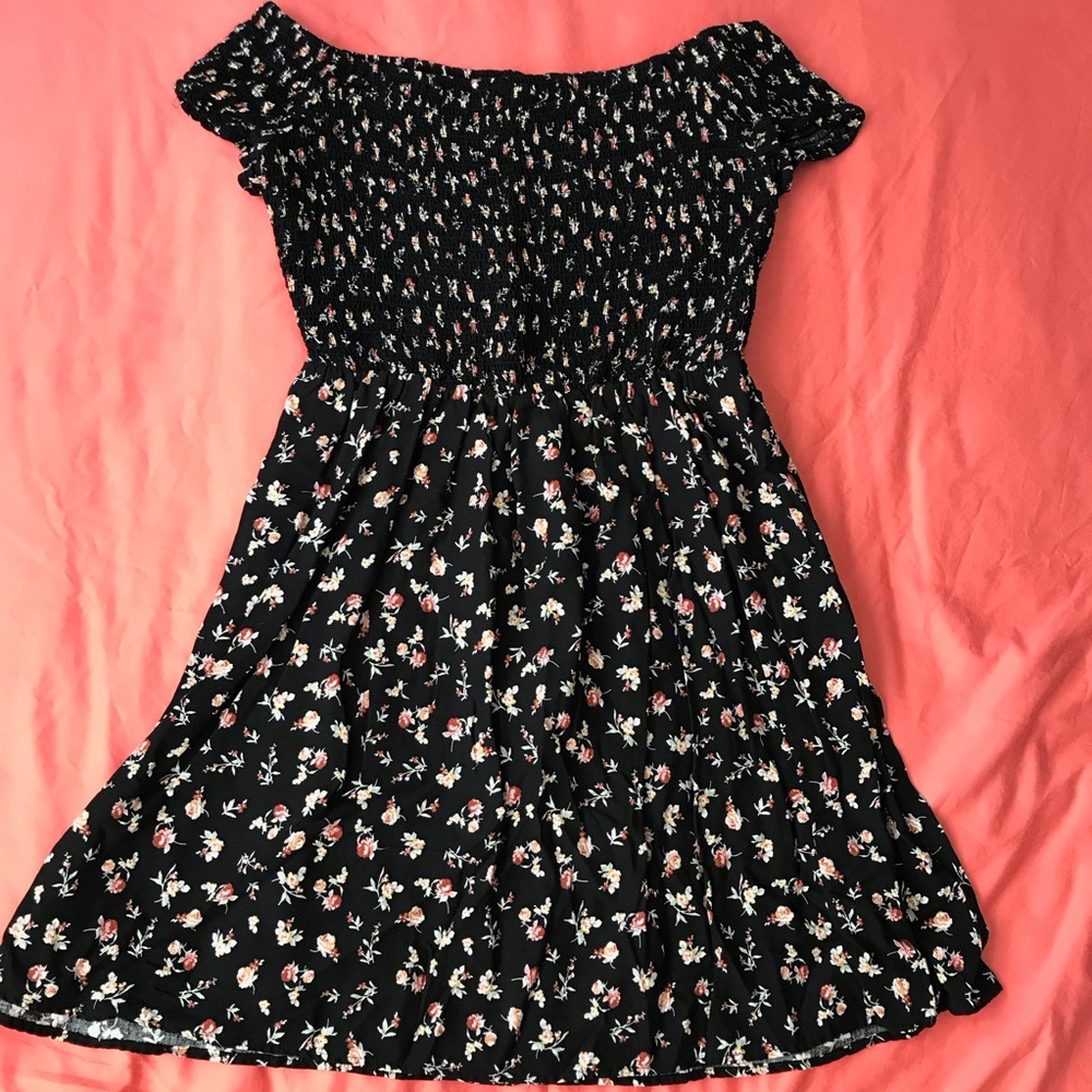 Black floral print off shoulder dress